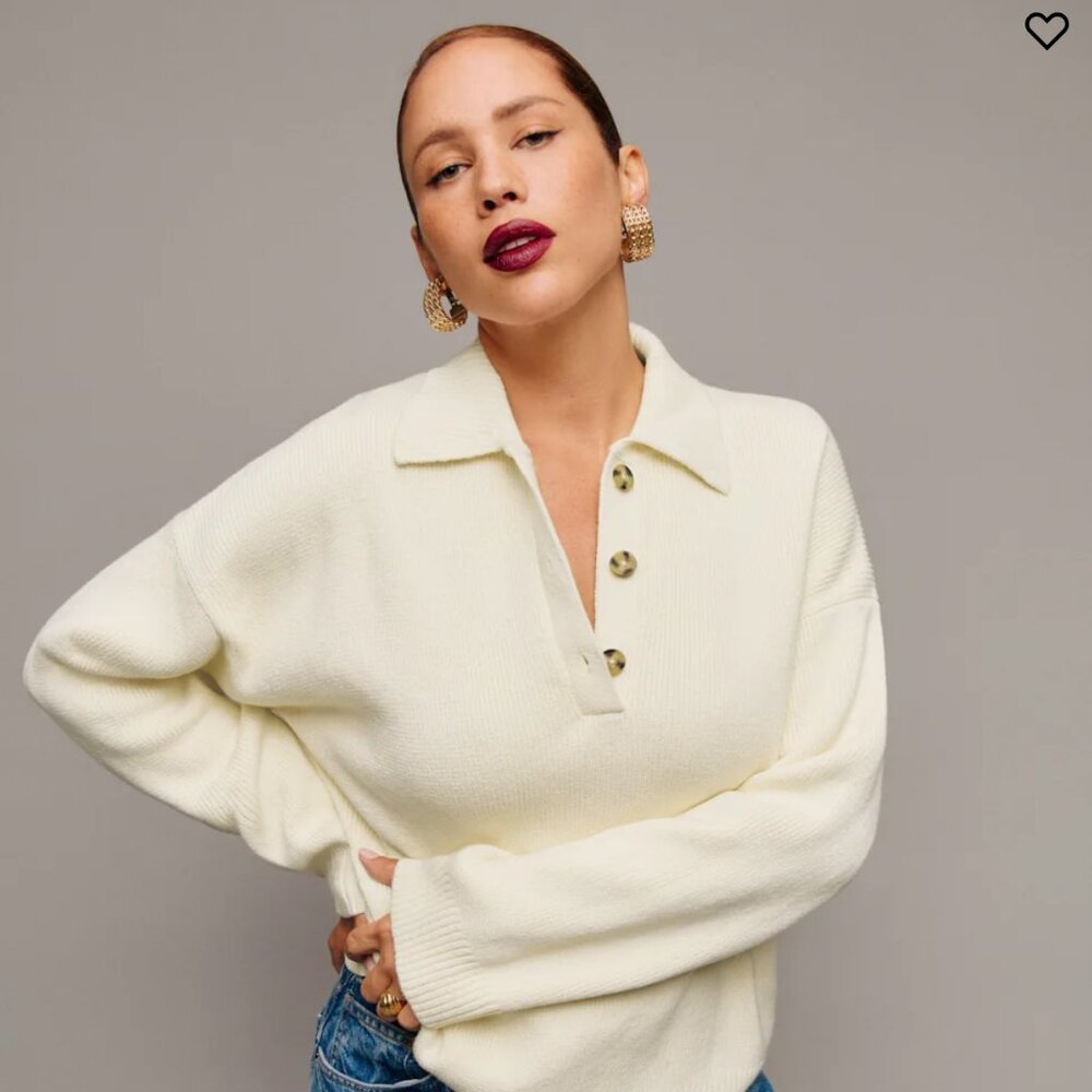 Reformation Brooklyn Cotton Polo Sweater Ivory - Size M